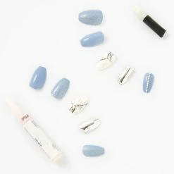 Outlet 👍 Claire's Mixed Marble Chrome Coffin Vegan Faux Nail Set - Blue, 24 Pack 🎉