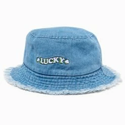 Hot Sale ❤️ Claire's 'Lucky' Blue Denim Bucket Hat 🔥