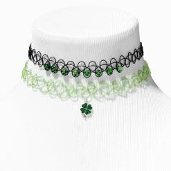 Hot Sale 🥰 Claire's Silver & Black Shamrock Mixed Choker Necklaces - 2 Pack 🧨